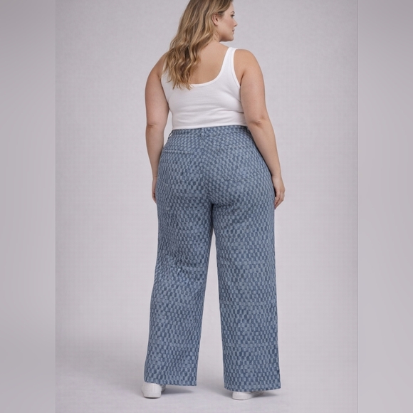 Future Collective Women’s Pants Size 20 Blue Checkered 100% Cotton Wide Leg High - Picture 3 of 9